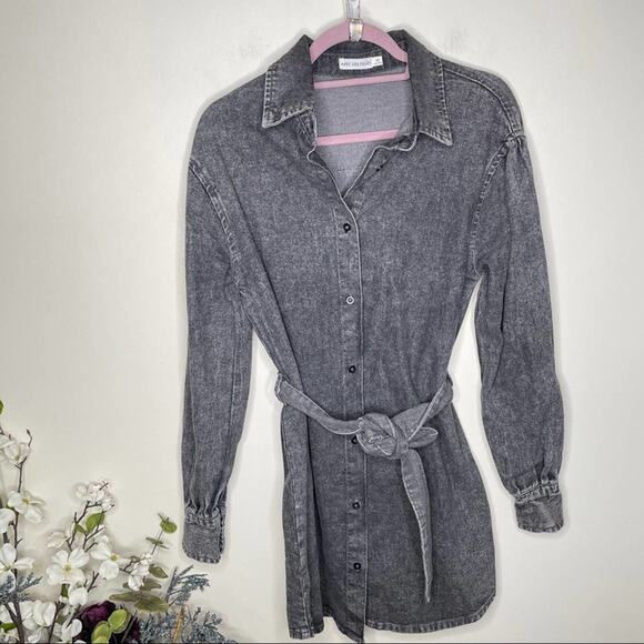 AVEC LES FILLES Denim Tie Waist Shirt Dress Acid Wash Black Gray {AA9} - Picture 2 of 4